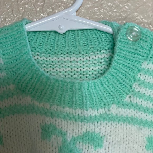 vtg Hand Knitted Baby Sweater Bunny Mint Green White Striped Easter 6-12 months? - Picture 3 of 7